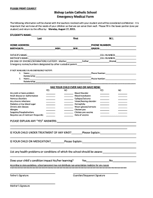 Bishop Larkin Catholic School Emergency Medical Form