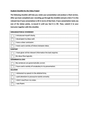 Student Checklist for the Video Project  Form