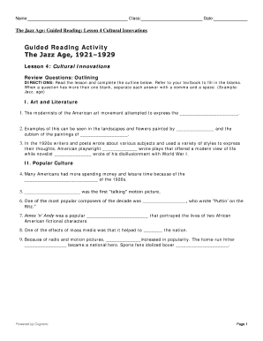 Guided Reading Activity the Jazz Age Lesson 4 Answer Key  Form