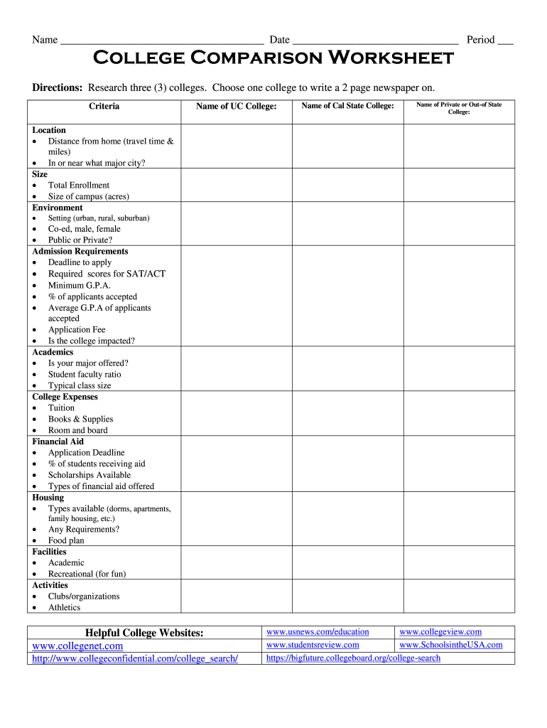 College Comparison Worksheet  Form