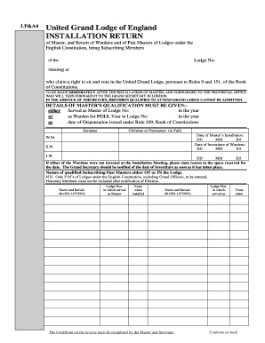 UGLE Installation Return the Provincial Grand Lodge of Glosmasons Org  Form