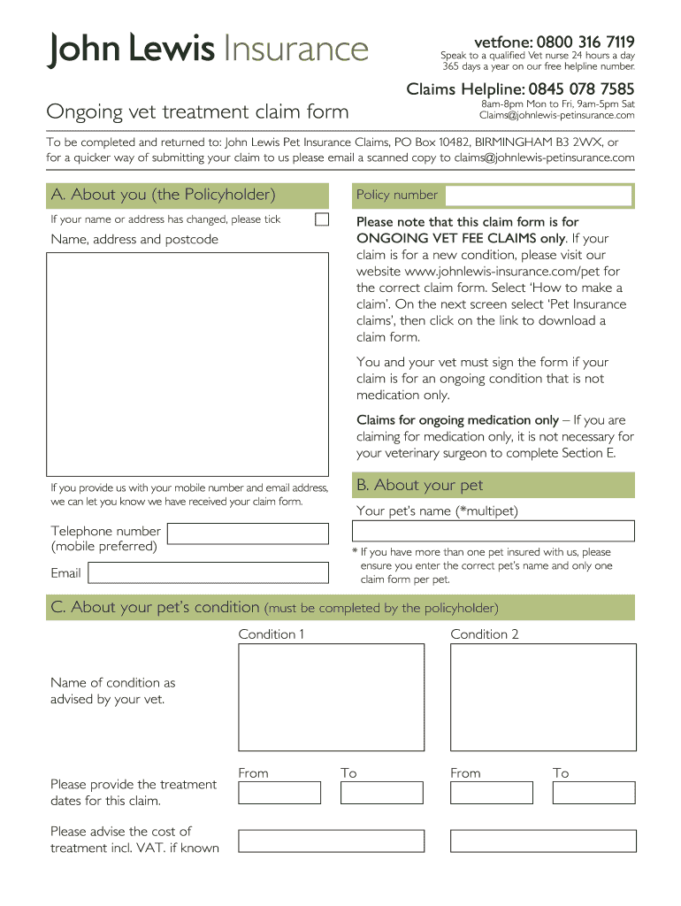 John Lewis Pet Insurance Claim Form