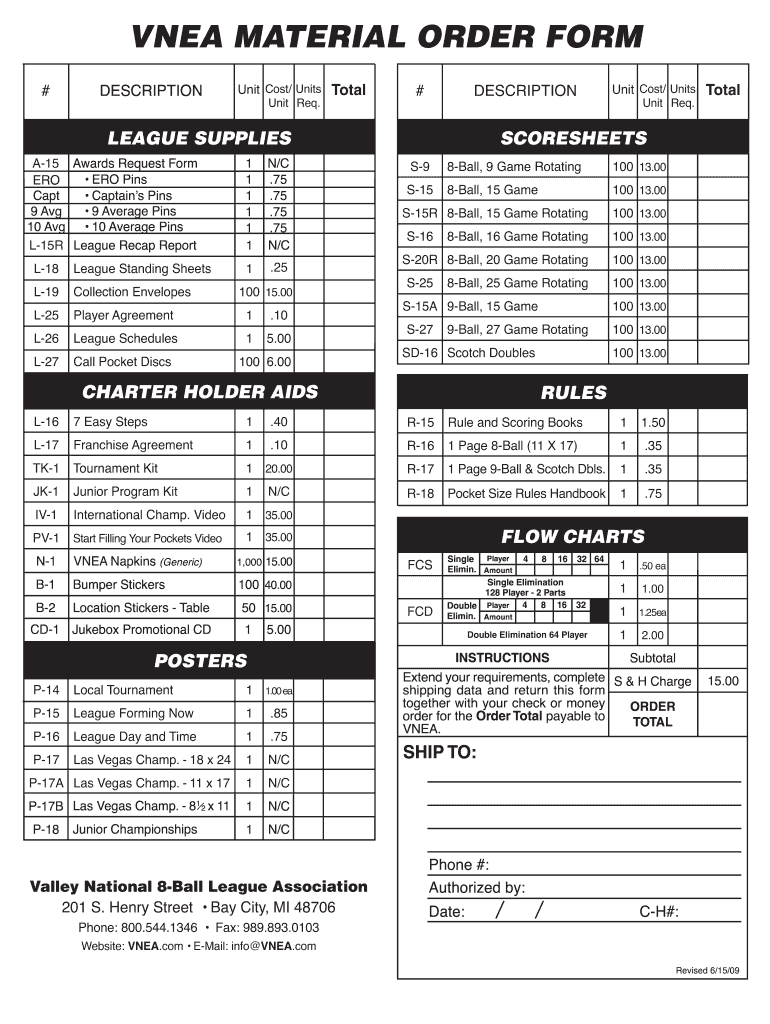 VNEA MATERIAL ORDER FORM