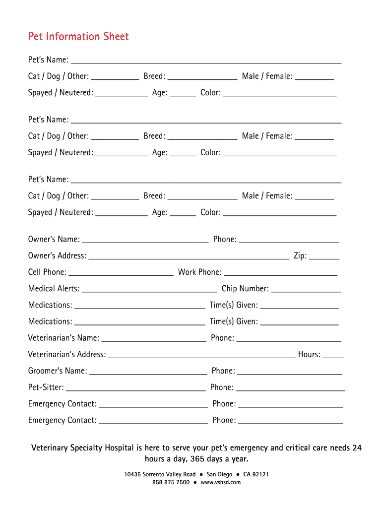 Pet Information Sheet Vshsdcom