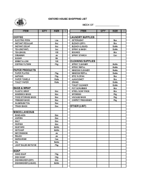 OXFORD HOUSE SHOPPING LIST  Form