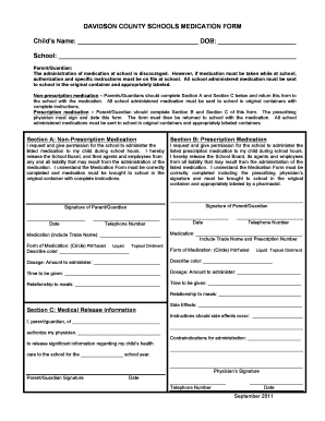 DAVIDSON COUNTY SCHOOLS MEDICATION FORM Childs Name DOB