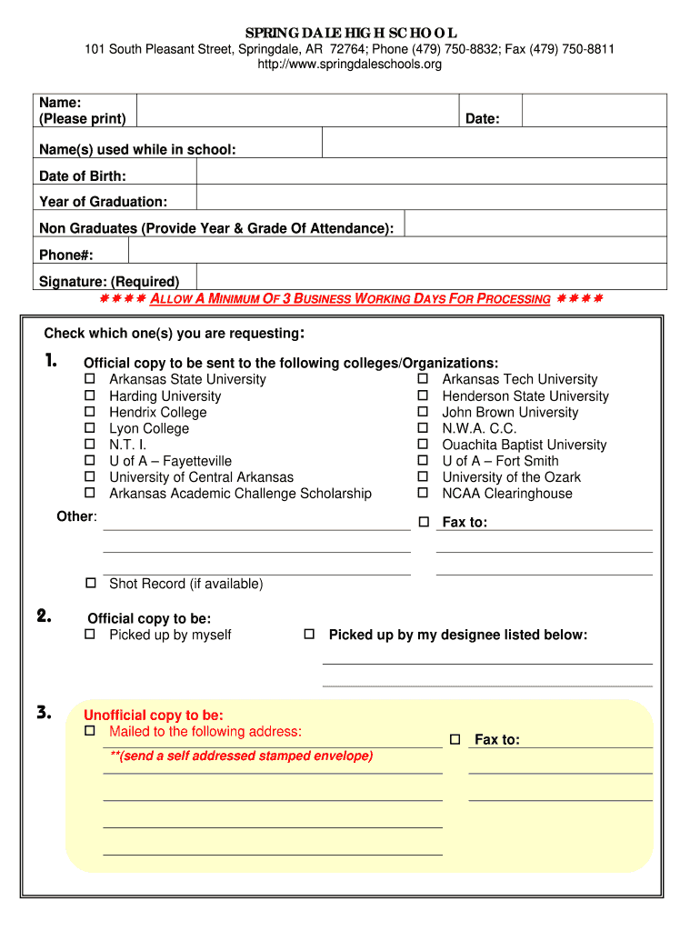 Springdale High School Transcript Request  Form