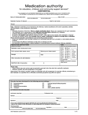 Medication Authority for Education Childcare and Community Support Services a Form Used to Grant Authority for the Administratio