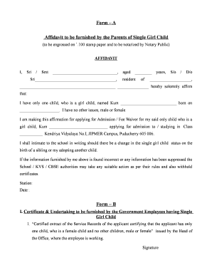 Affidavit for Declaration of Being Single Girl Child as Per Ugc Format