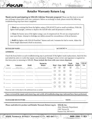 Warranty Retailer Return Log Xikar  Form