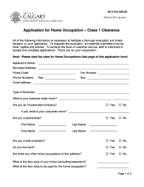 Home Occupation Class 1 Calgary  Form
