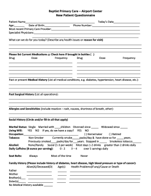 Baptist Primary Care Airport Center New Patient Questionnaire  Form