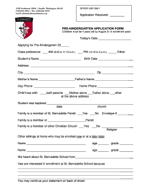 Application for Kindergarten  Form