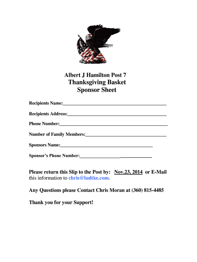  Albert J Hamilton Post 7 Thanksgiving Basket Sponsor Sheet 2014-2024