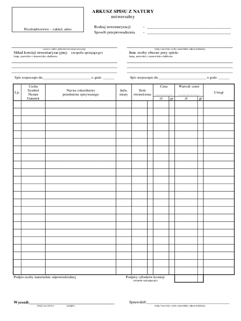 ARKUSZ SPISU Z NATURY Wzor DOC ARKUSZ SPISU Z NATURY  Form