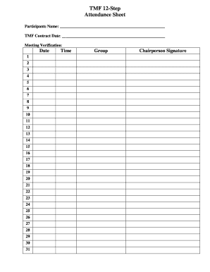 BTMFb 12 Step Attendance Sheet E Tmf  Form