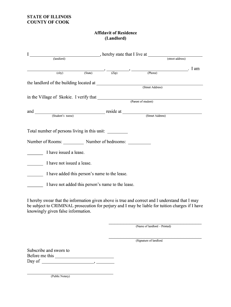 STATE of ILLINOIS COUNTY of COOK Affidavit of Residence Eps73  Form