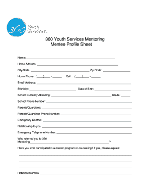 360 Youth Services Mentoring Mentee Profile Sheet 360youthservices  Form