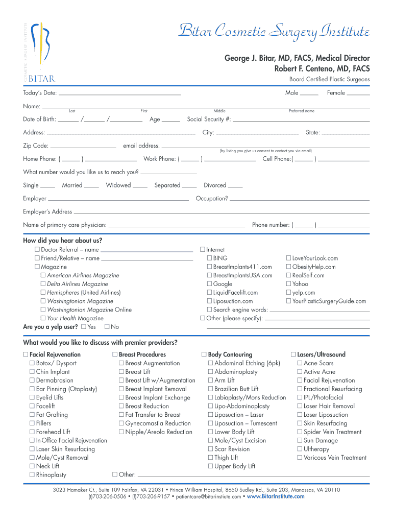 Patient Intake Form Bitar Cosmetic Surgery Institute