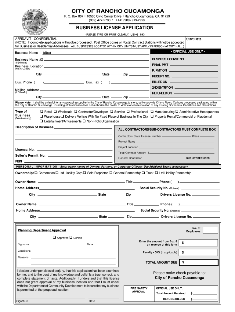 Rancho Cucamonga Business License  Form