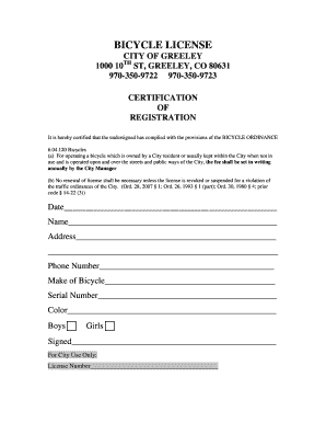 Bicycle Registration Form City of Greeley