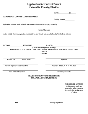 Application for Culvert Permit Columbia County, Florida  Form