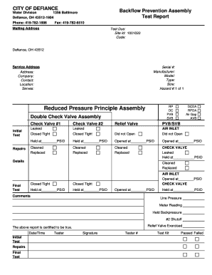 Blank Backflow Report Form City of Defiance