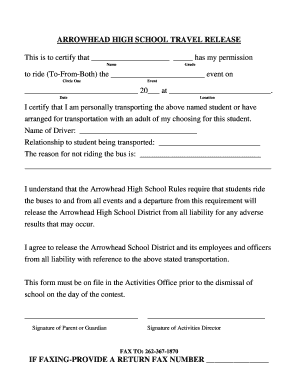 Travel Release Form Arrowhead High School