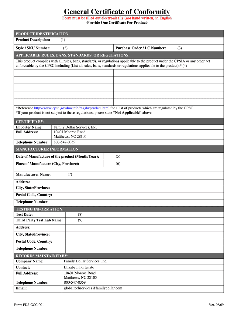 Certificate of Conformity Form