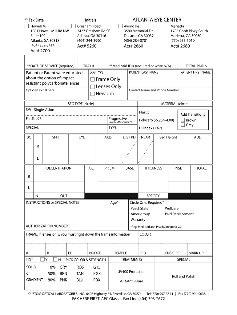 Custom Optical Laboratories Atlanta Ga Form