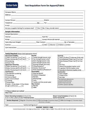  Test Requisition Form for ApparelFabric Intertek 2011-2024