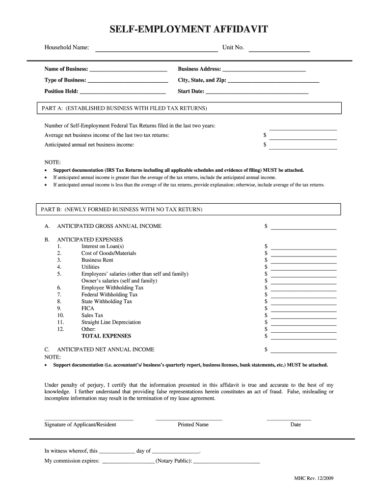 Self Employment Affidavit  Form