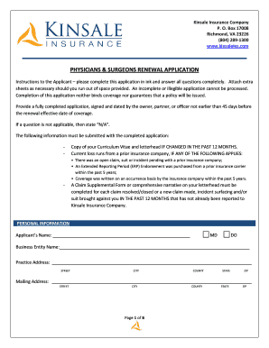 Physician Renewal Application Kinsale Insurance  Form