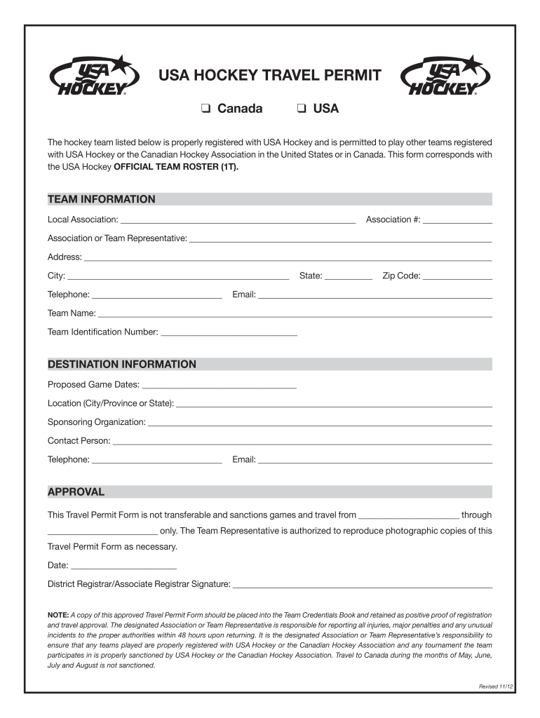 Usa Hockey Travel Permit  Form