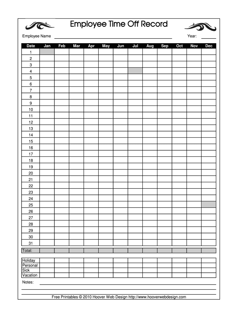 Printable Employee Time off Record  Form