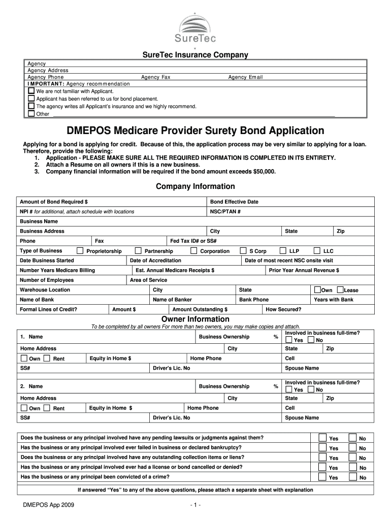  DMEPOS Medicare Provider Surety Bond Application SureTec 2009-2024