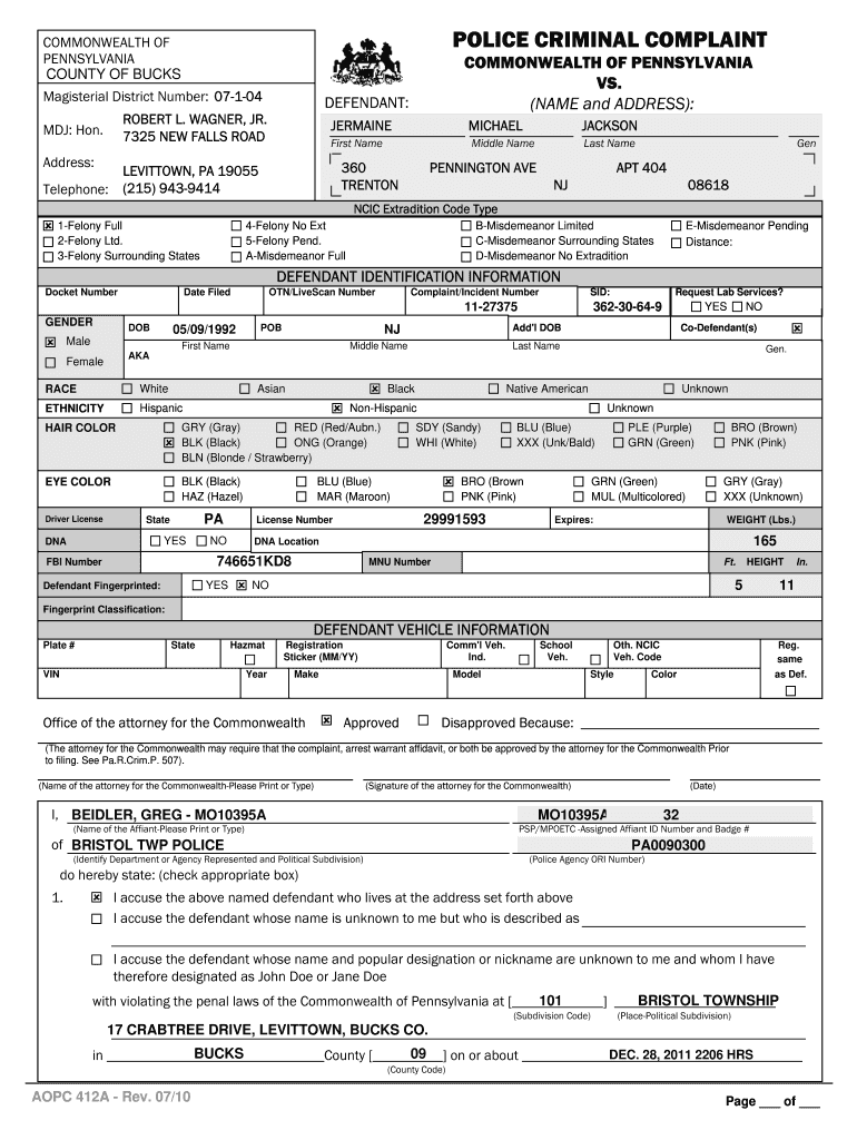 Get and Sign State Police Criminal Complaint Form Aopc 412a 