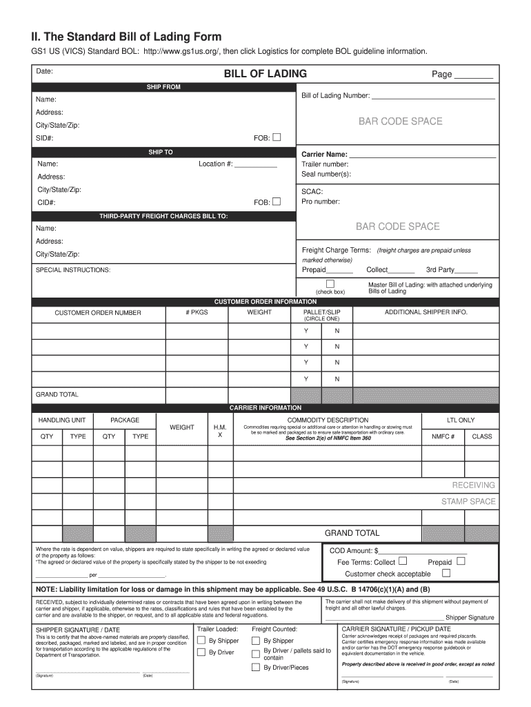 Vics Bill of Lading  Form