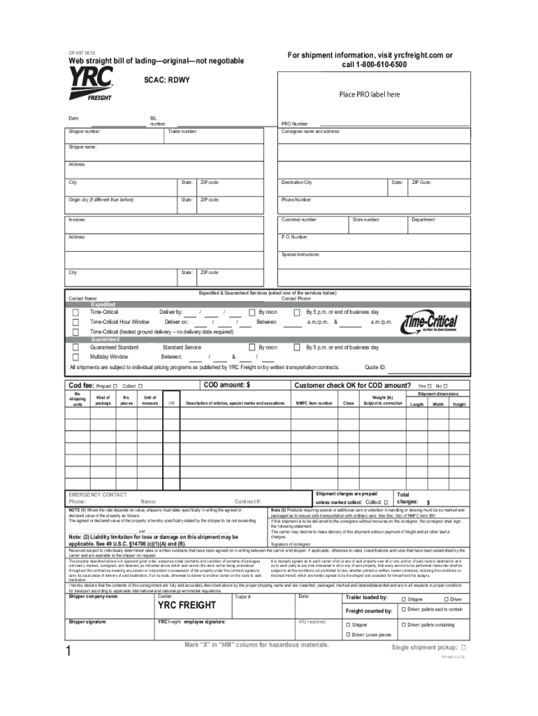 Yrc Bol PDF  Form