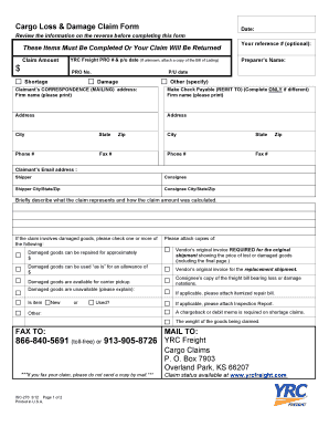 Cargo Loss &amp; Damage Claim Form FAX to MAIL to YRC Freight