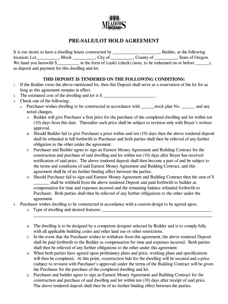 PRE SALELOT HOLD AGREEMENT  Meadows Back Office  Form