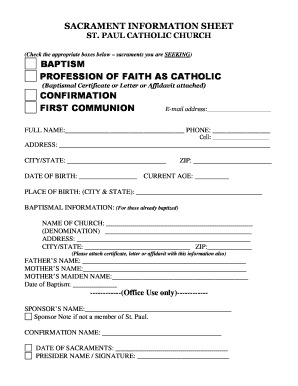 SACRAMENT INFORMATION RECORDING FORM Catholic Web