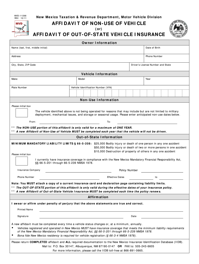 Affidavit of Non Use of Vehicle Affidavit of Out of State Drive Insured  Form