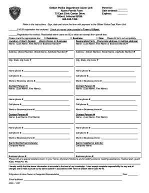 Gilbert Police Department Alarm Unit Permit # Alarmtek  Form