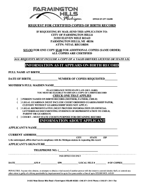Farmington Hills Birth Certificate  Form