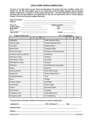 Child Care Vehicle Inspection Form Palm Beach County Health