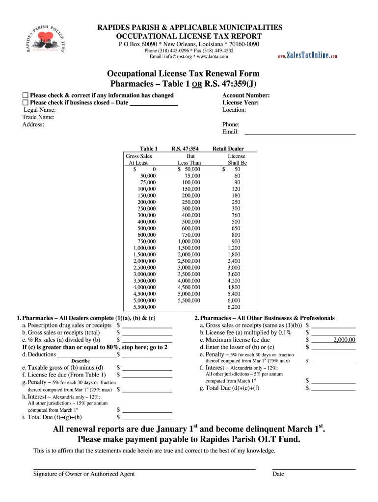 Rapides Parish Occupational License  Form