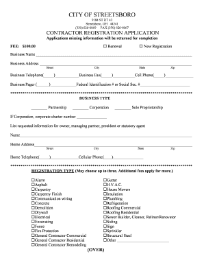 City of Streetsboro Contractor Registration  Form