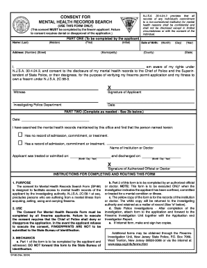 New Jersey State Police Firearms Consent for Mental Health Records Search SP 66  Form
