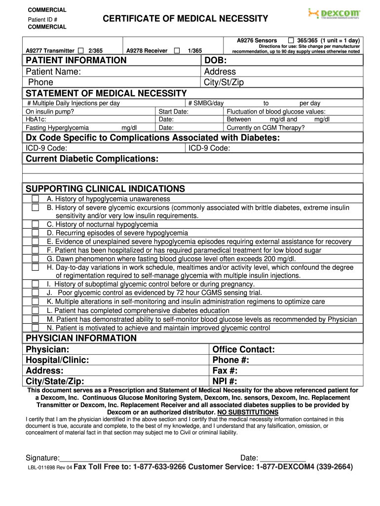  CERTIFICATE of MEDICAL NECESSITY Dexcom 2004